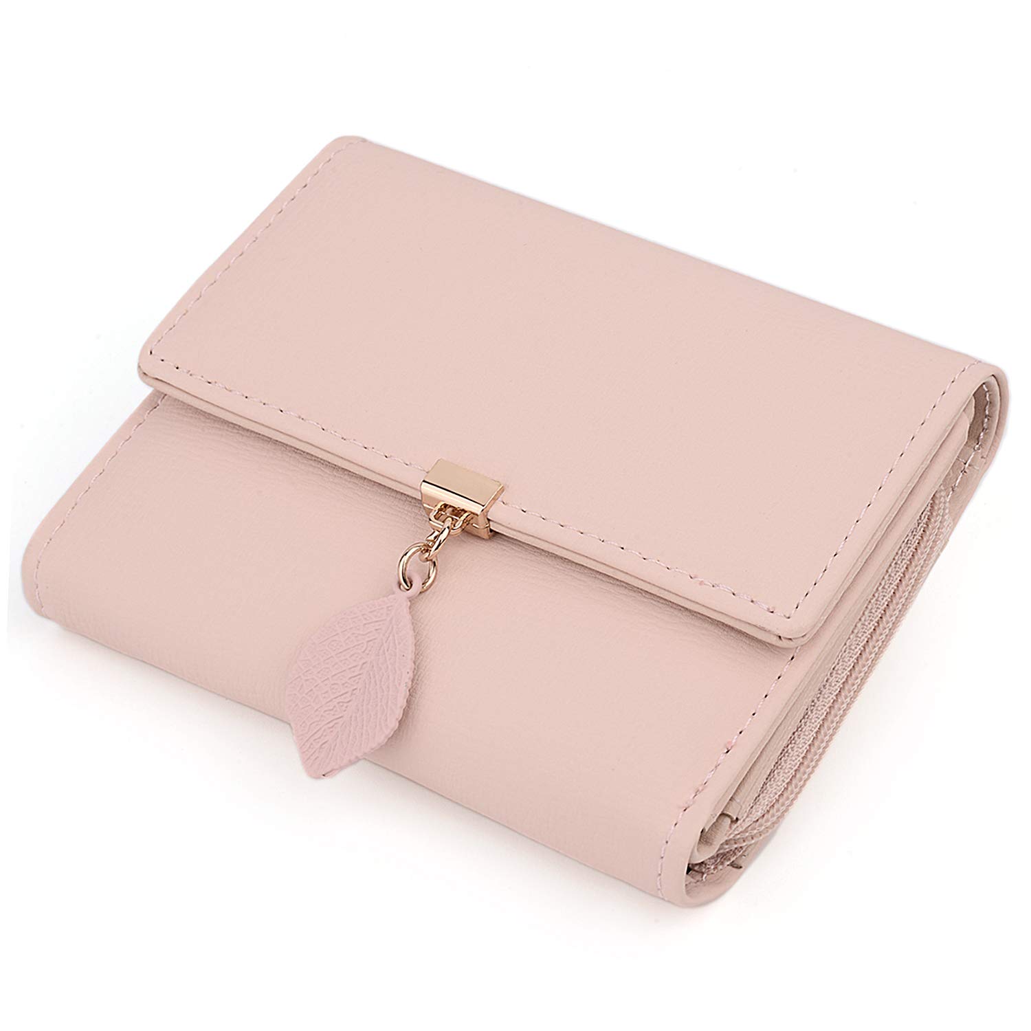 UTO Ladies Purses RFID Blocking Wallets for Women with Zipper Coin Pocket 6 Card Slots Leaf Pendant Faux Leather Pink Matte