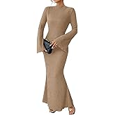 Narecte Fall Dresses for Women 2025 Maxi Dresses Solid Color Boho Dress Flare Sleeve Bodycon Dress