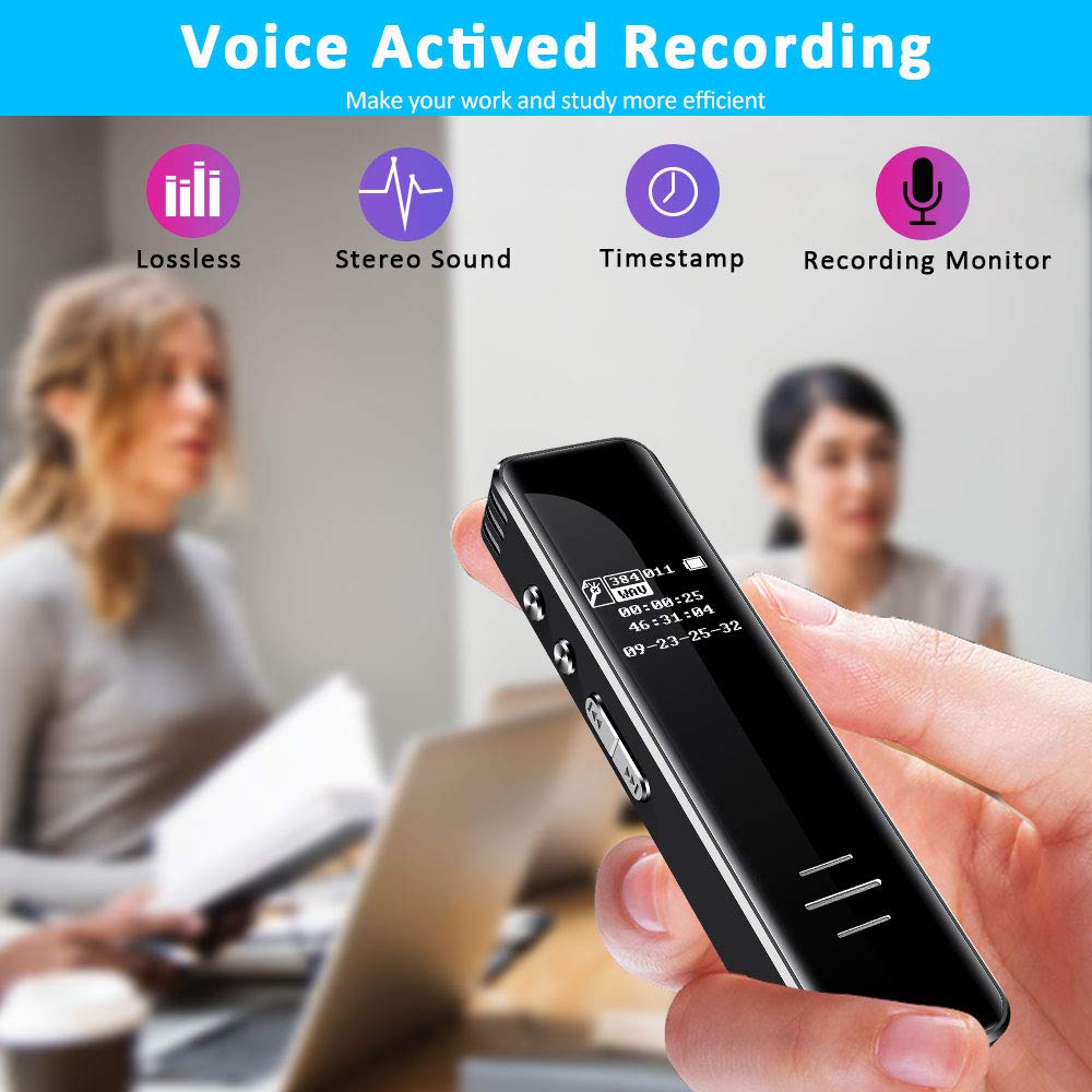 Digital Voice Recorder, 16GB Voice Activated Recorder with Playback, HD Sound Audio Tape Recorder Dictaphone Recording Device, Mini MP3 Player for Lectures, Meetings, Class, Interviews