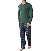 KUYIGO Mens Pajamas Set Sleepwear V Neck Long Sleeve Top and Plaid Pants 2 Piece Pjs Loungewear with Pockets