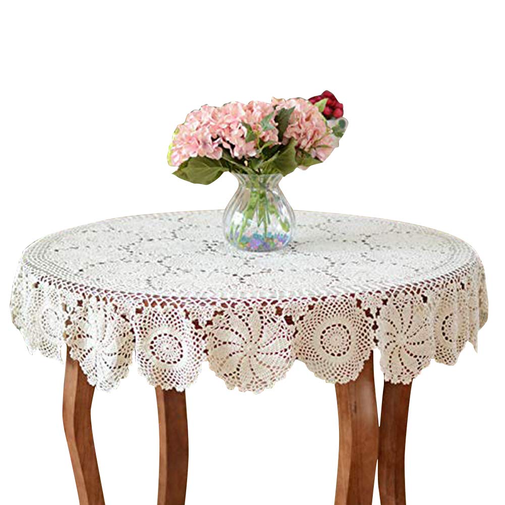 USTIDE 60" Crochet Lace Tablecloth Round Beige Crocheted Table Cloths Elegant Floral Covers Handmade Table Overlays Doily