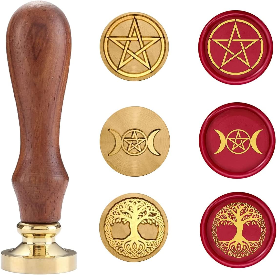 Pentagramtree Wax Seal Stamp Set, Sealing Wax Stamps Copper Seals with Wooden Hilt, Vintage Retro Wiccan Seal Wax Stamp (Triple Moon&Pentagram&Tree of Life)