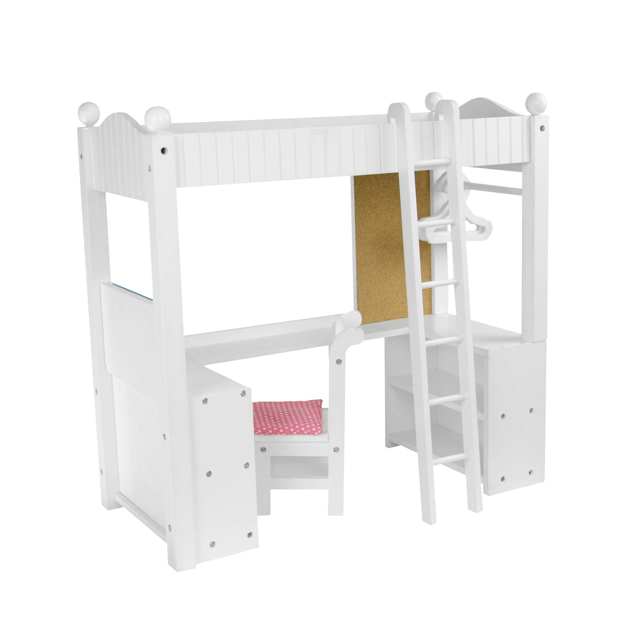 Olivia's Little World Little Princess 18" Doll Wooden Loft-Style Bunk Bed Set with Cushioned Chair, Desk, Hangers, Ladder, and Pink and Purple Bedding, White