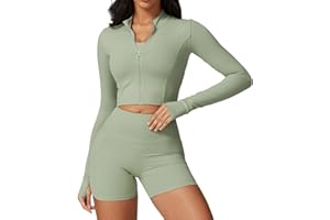 Yknktstc Womens Full Zip Athletic Jacket with Thumbhole Long Sleeve Crop Top Running Workout Yoga Sportswear Shirt