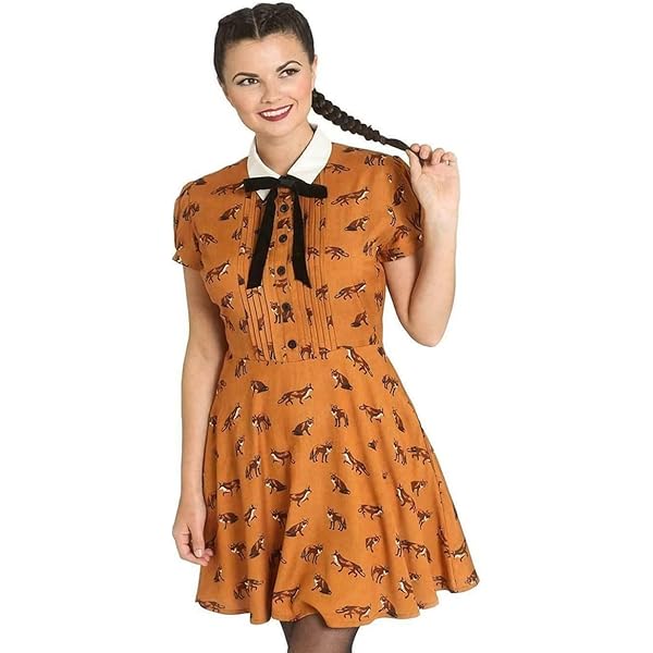 FOXEY BOUTIQUE Dress【Arles】42 Hell Bunny Fox Print Retro Style Vixey Tea Dress (XSmall, Brown