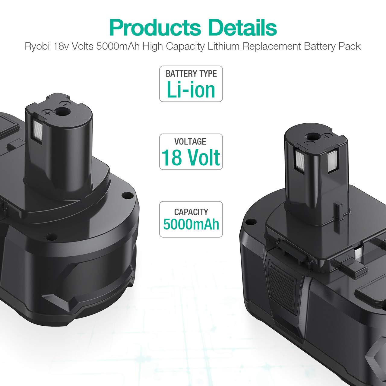 Powerextra 2 Pack Ryobi ONE+ 18V 5.0Ah Li-Ion Battery Replacement for Ryobi RB18L50 RB18L40 RB18L25 P108 P107 P122 P104 P105 P102 P103 P109 with LED Indicator