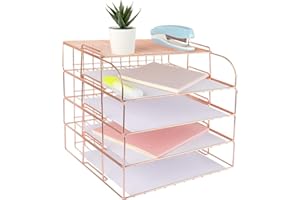 Spacrea Letter Tray, 4 Tier Rose Gold Desk Organizers and Accessories for Women, Stackable Paper File Organizer with 1 Upper Display Shelf (Rose Gold)