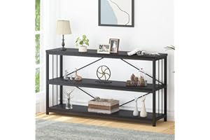 LVB Black Console Table, Modern Entryway Table for Hallway Living Room, Industrial Sofa Table Behind Couch, Farmhouse Wooden Metal Entry Table for Foyer with 3-Tier Storage Shelves, Black Oak, 55 Inch