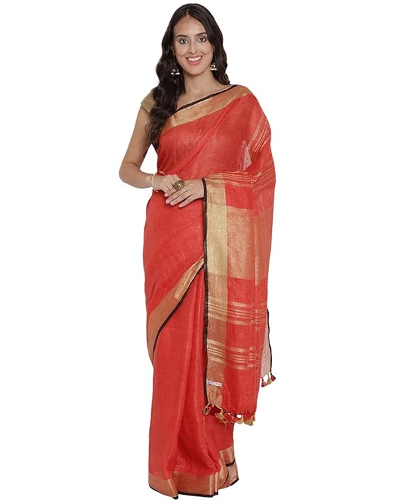 Red Pure Linen Saree With Gold Zari Border Contrast Bluse Piece For Women Latest Designe