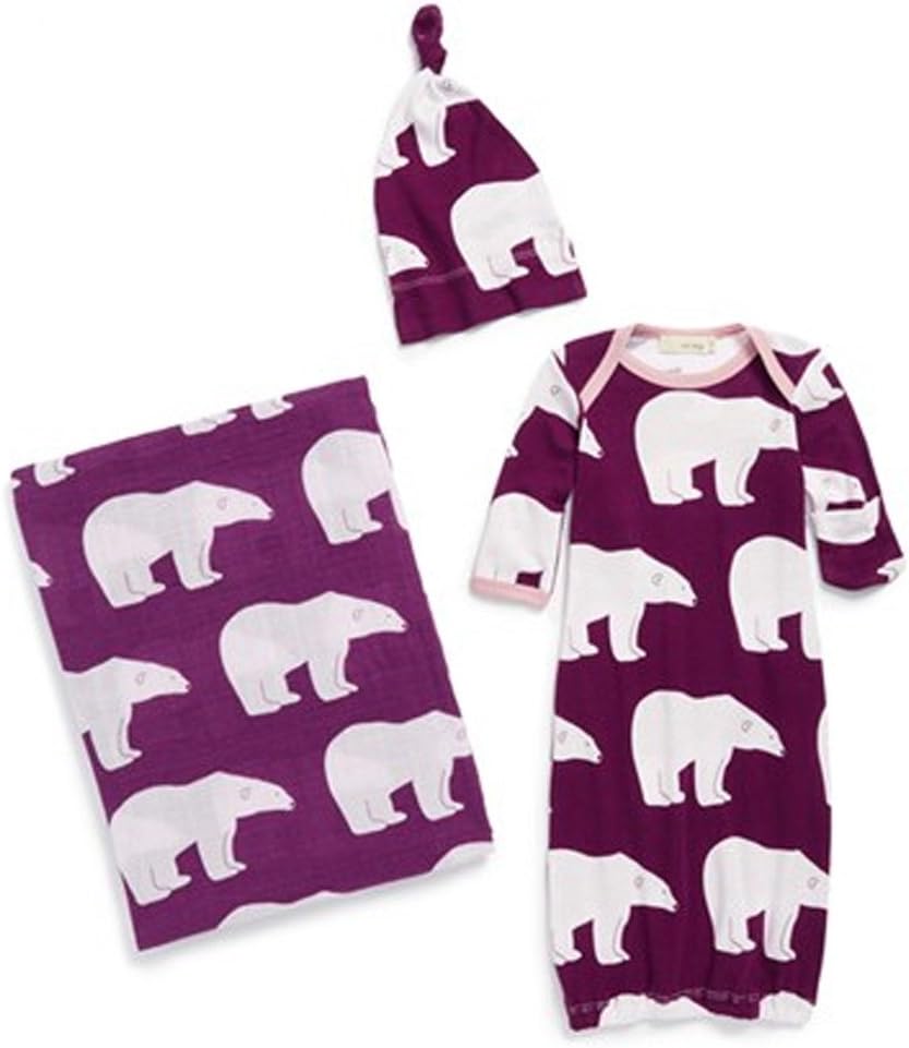 Zebi Keepsake Set; Swaddling Blanket, Gown and Hat (Plum Polar Bear)