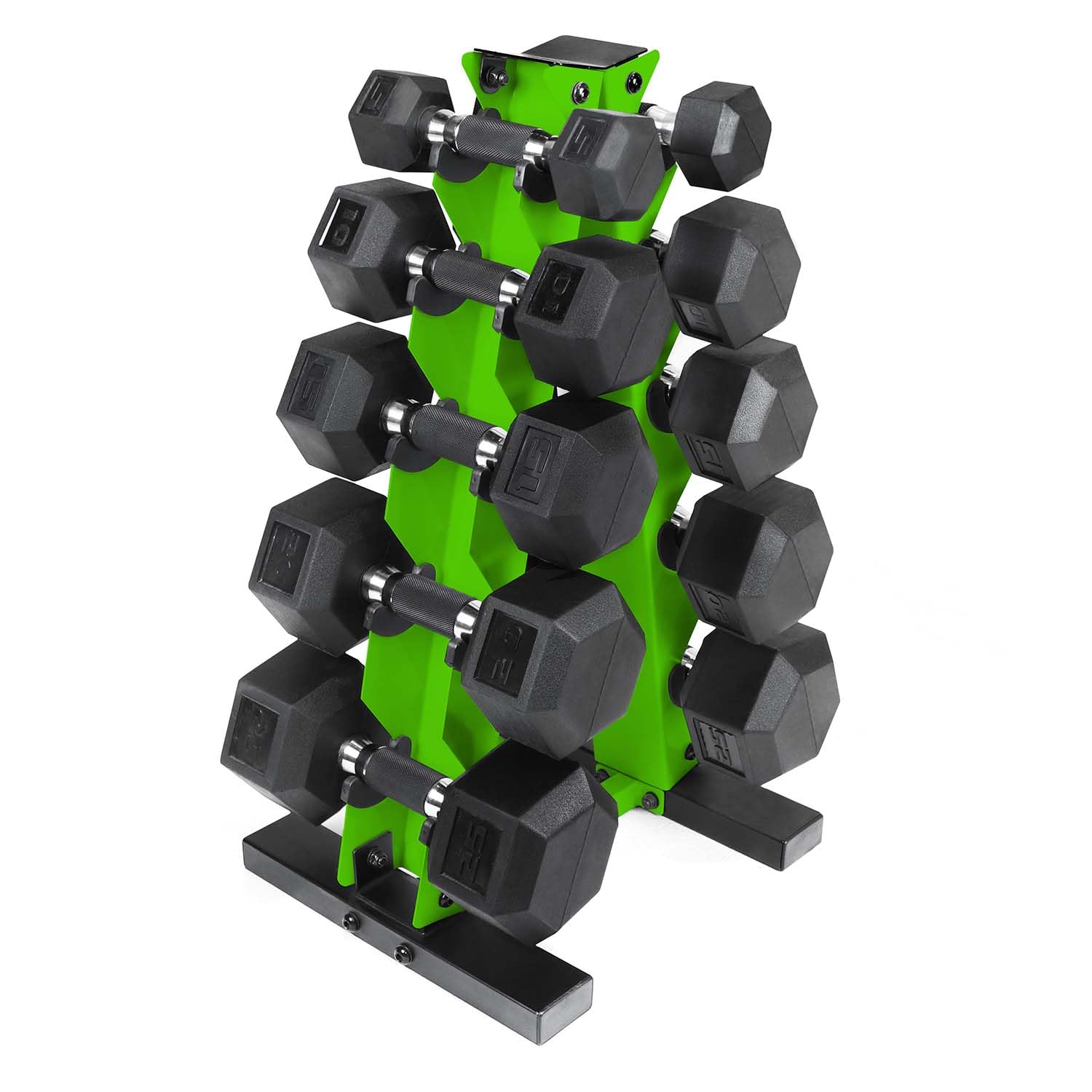 Photo 1 of CAP 150lb Comfort Grip Rubber Hex Dumbbell Set with Vertical Green Rack