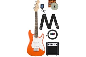 Fender Squier 3/4 Size Kids Mini Strat Electric Guitar Learn-to-Play Bundle w/ Amp, Cable, Tuner, Strap, Picks, Fender Play Online Lessons, and Austin Bazaar Instructional DVD - Competition Orange