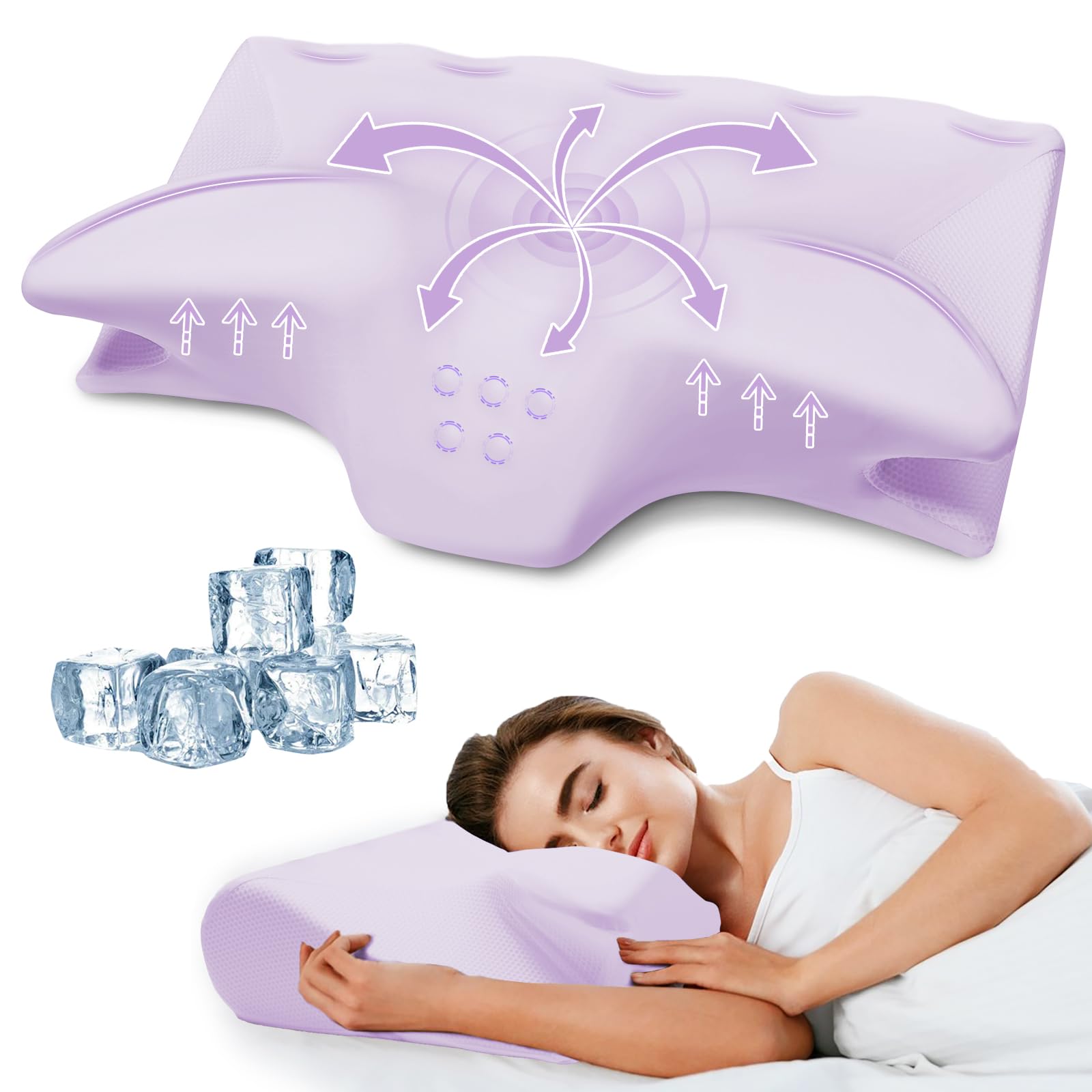 Cervical Pillow for Neck Pain Relief, Cooling Contour Memory Foam Pillows Support Odorless Ergonomic Neck Pillow Adjustable Orthopedic Bed Pillow for Side Back Stomach Sleeper with Pillowcase,Purple