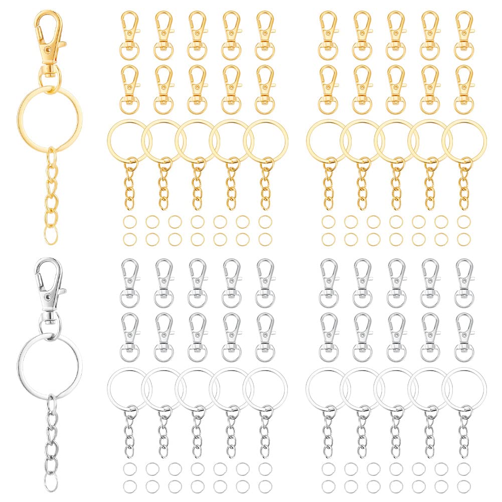 PH PandaHall Swivel Snap Hook Set 48pcs Swivel Clasp Keychain Hook Lanyard Snap Hook Lobster Clasp with 48pcs Split Key Rings with Chains 120pcs Open Jump Rings for Keychain Making, Golden/Silver