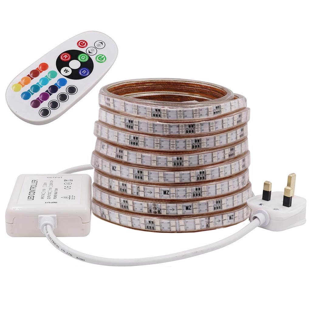GQL 2m AC 220V RGB LED Strip Lights with Remote Controller, Multi Color Changing 5050 SMD Rope Light Waterproof for Indoor Outside Decoration- 120 LEDs/m