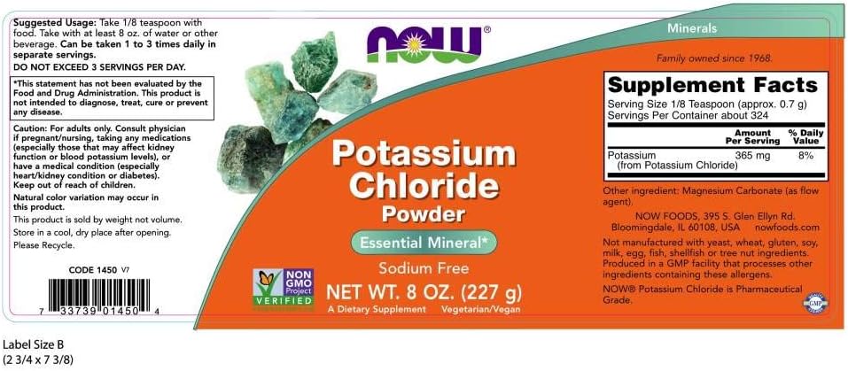 NOW Supplements, Potassium Chloride Powder, Certified Non-GMO, Essential Mineral*, 8-Ounce: Health & Personal Care