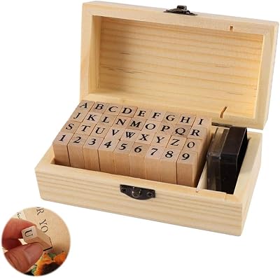 Ziranee Wooden Rubber Stamps Kit 36 Letters w/ Storage Box for Crafts