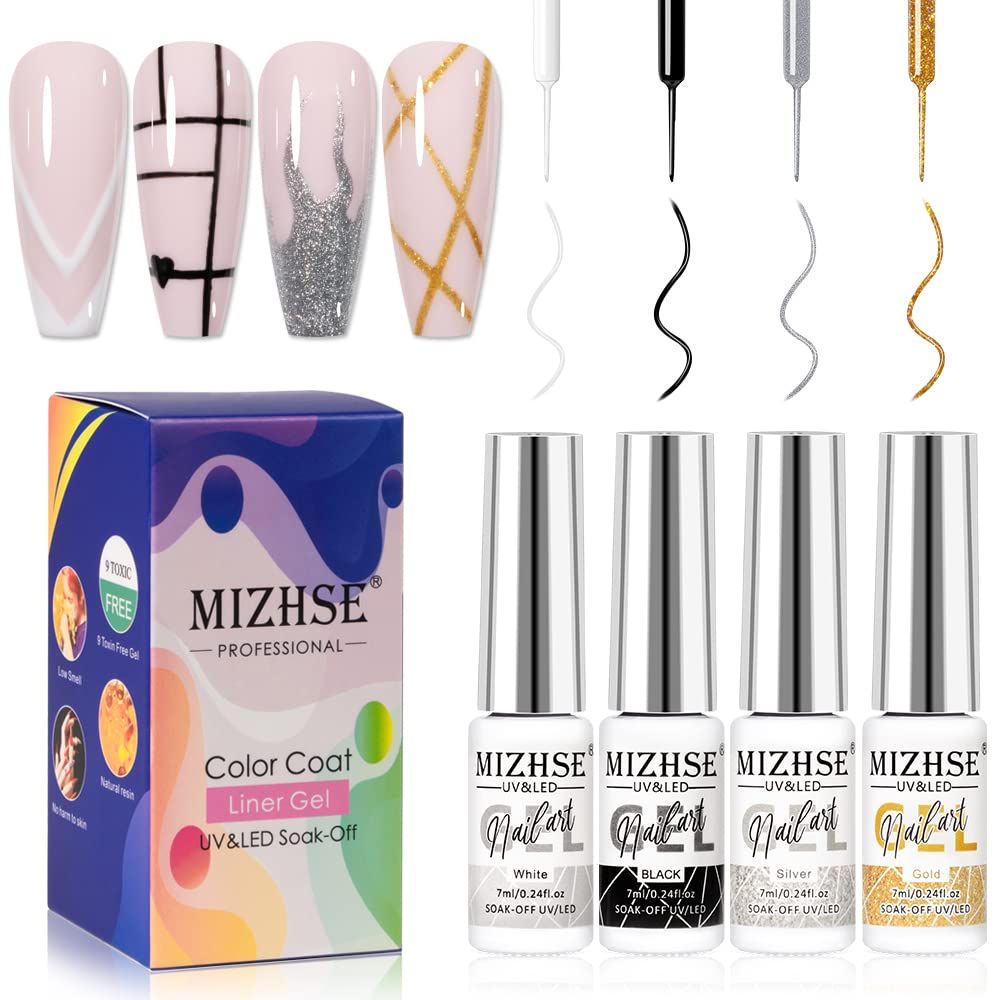 MIZHSE Liner Gel Nail Polish Set Metallic UV Gel Polish 4 Colours Kit French Manicure For DIY Studio Black White Glitters Nail Art 7ml*4