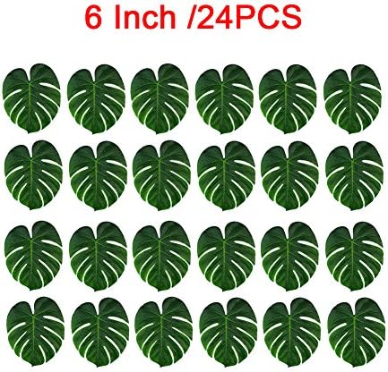 24 Pieces Tropical Leaves Artificial Silk Fabric Monstera Decoration Simulation Imitation Leaf for Hawaiian Luau Party Jungle Theme BBQ Birthday Wedding Table Decorations Supplies 3 Sizes (6inch)