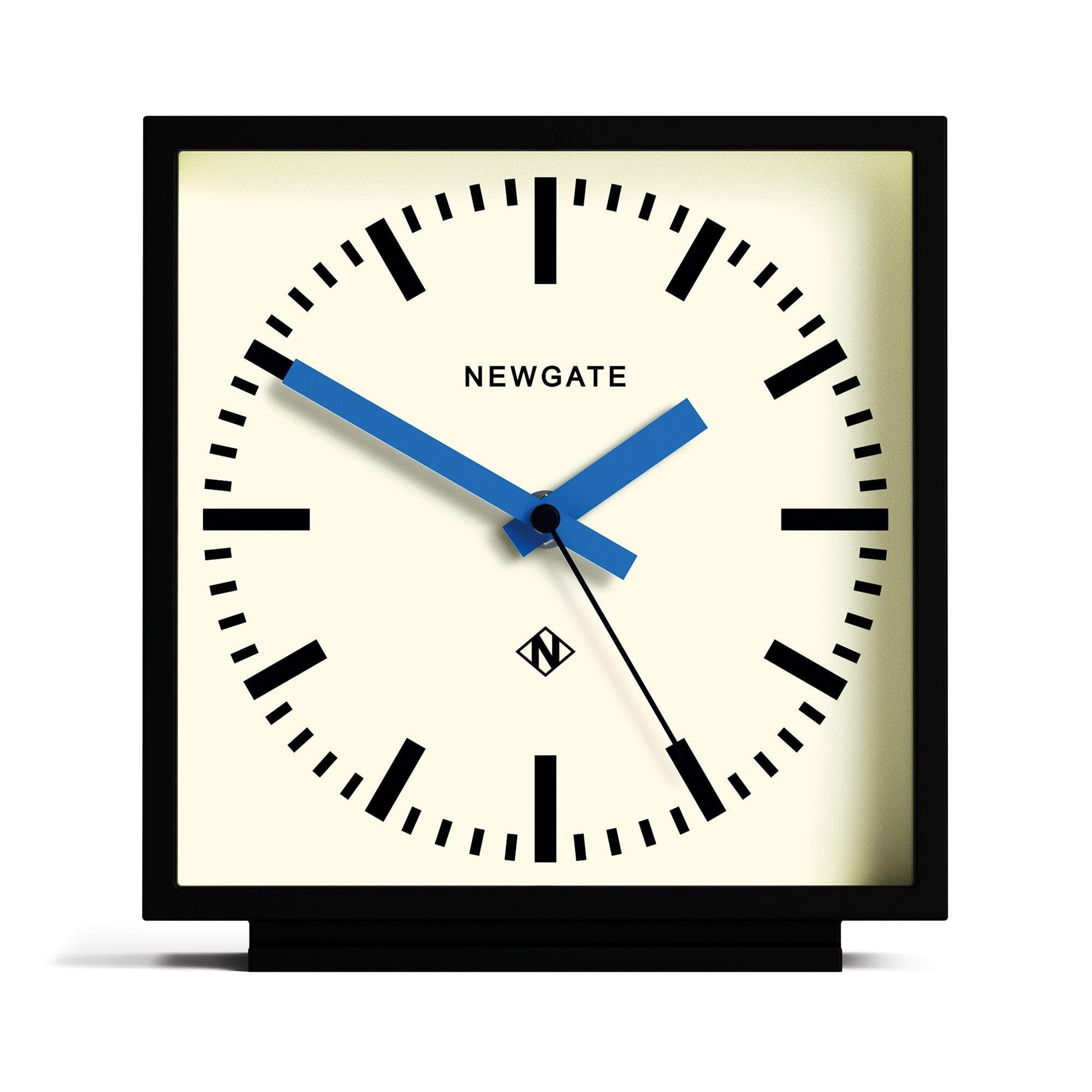 NEWGATE® Amp desk clock | Square station clock design | Black case with blue hands | Modern style for desk, table top, mantel, shelf or bedside