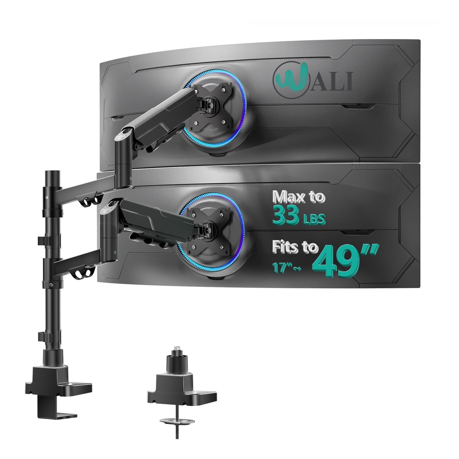Photo 1 of WALI Vertical Dual Monitor Mount for 17-49 inch Ultrawide Curved Screens, Heavy Duty Stacked Dual Monitor Stand for Desk, Adjustable Gas Spring Monitor Arm up to 33lbs, VESA Mount 75/100mm, Black
