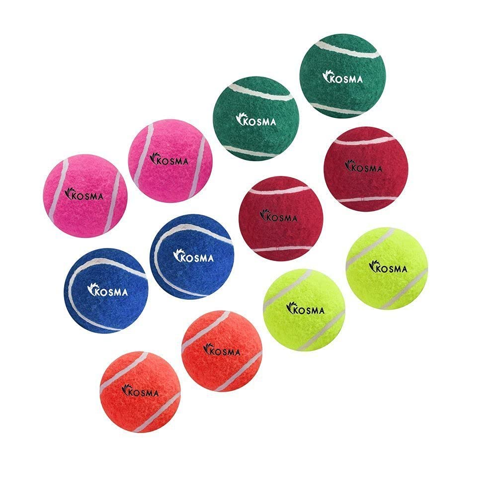 Kosma Pack of 12 Tennis Balls | Training Ball for Dogs, Super Bounce, Perfect for Begginer Cricket Training Practice | Cricket Balls (2Pc Each-Pink, Green, Blue, Red, Orange, Yellow)