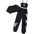 SOLY HUX Girl's Butterfly Print Cami Tops & High Low Hem Short Sleeve T Shirt with Sweatpants 3 Piece