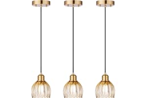 Taloya Amber Glass Pendant Light, 3 Pack Vintage Brass Hanging Light with Tulip Lampshade, Adjustable Farmhouse Mini Pendant 