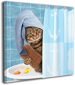 HIBIPPO Animals Funny Kitten Cat Bathing Canvas Wall Art Wall Artworks Pictures Home Decorations for Bedroom Office 20"x20" Stretched and Framed