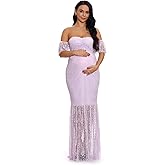 ZIUMUDY Women's Off Shoulder Ruffle Sleeve Lace Mermaid Maternity Baby Shower Gown Maxi Photography Dress