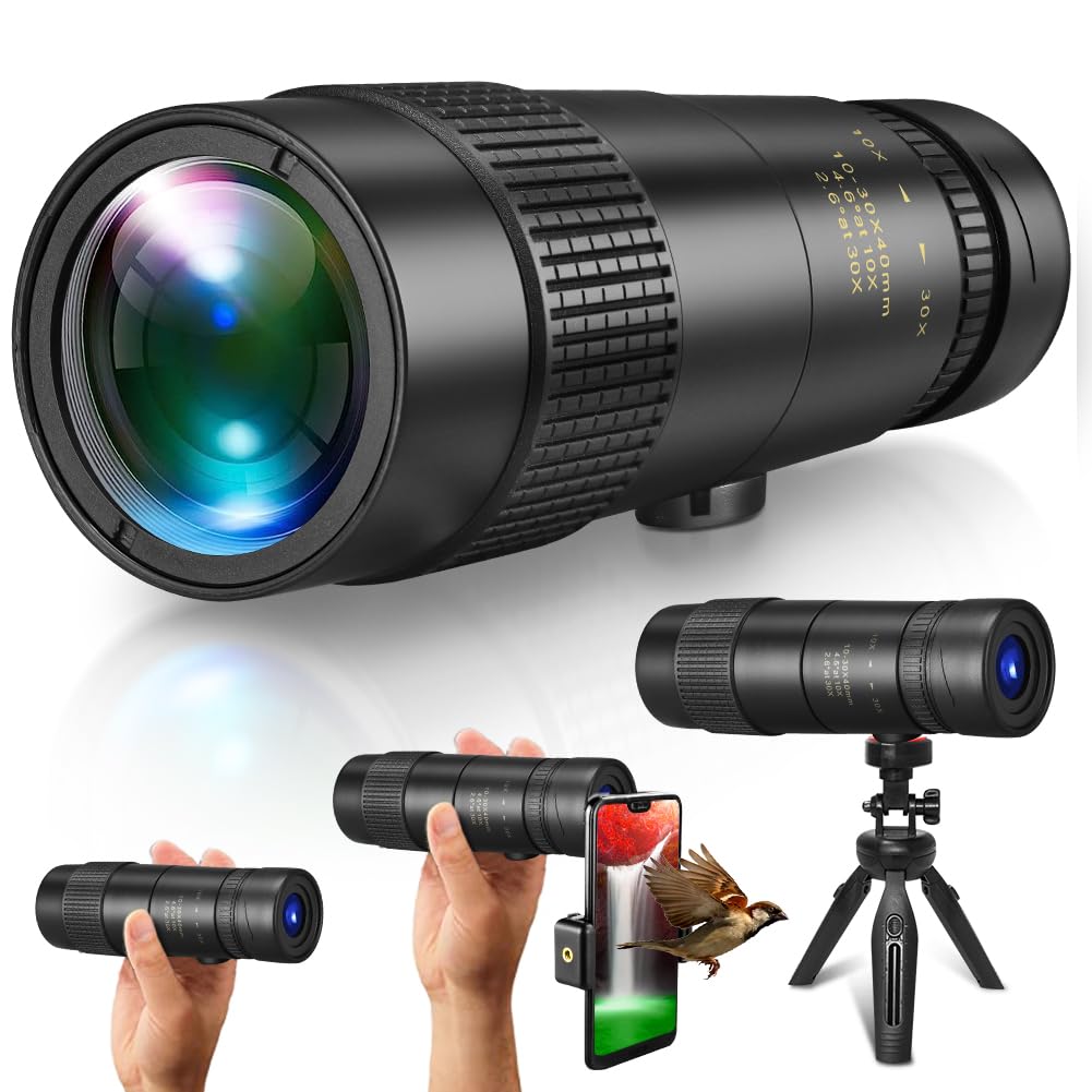 Monocular Telescope, Home Safety 10X to 30X Zoomable Pocket Telescope for Adults High Power for Birdwatching, with Smartphone Adapter & Tripod