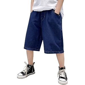 Boys Baggy Jean Shorts Kids Casual Loose Fit Bermuda Jorts Pull on Denim Shorts with Pockets School Basketball Jorts