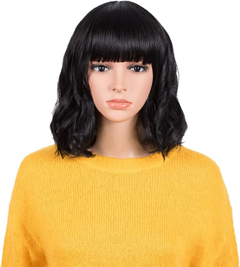 NOBLEBlack Bob Curly Wavy Wig with Bangs for Women, Natural, Heat Resistant Synthetic Fiber Wig for Daily Party Cosplay Costume