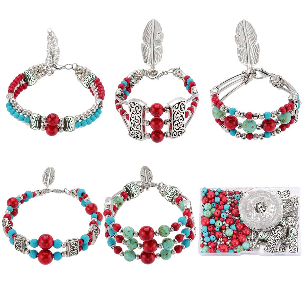 SUNNYCLUE 1 Box 5 Sets Turquoise Multi Layer Bracelet Making Kit Summer Ocean Hawaii Lucky Turquoise Beads Bohemian Wrap Bracelet Feather Charms for Jewellery Making Kits Adults DIY Craft Supplies