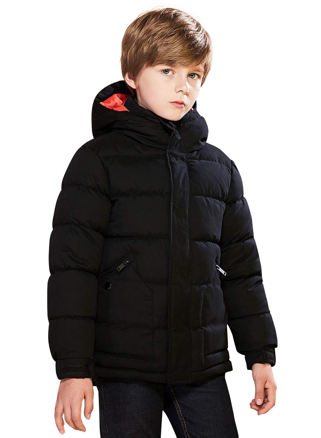 SOLOCOTE Boys Winter Coat Lightweight Thicked Winter Jacket Warm Soft Puffy Cotton Outwear with Hood, SLN2013 Black B 5-6Y