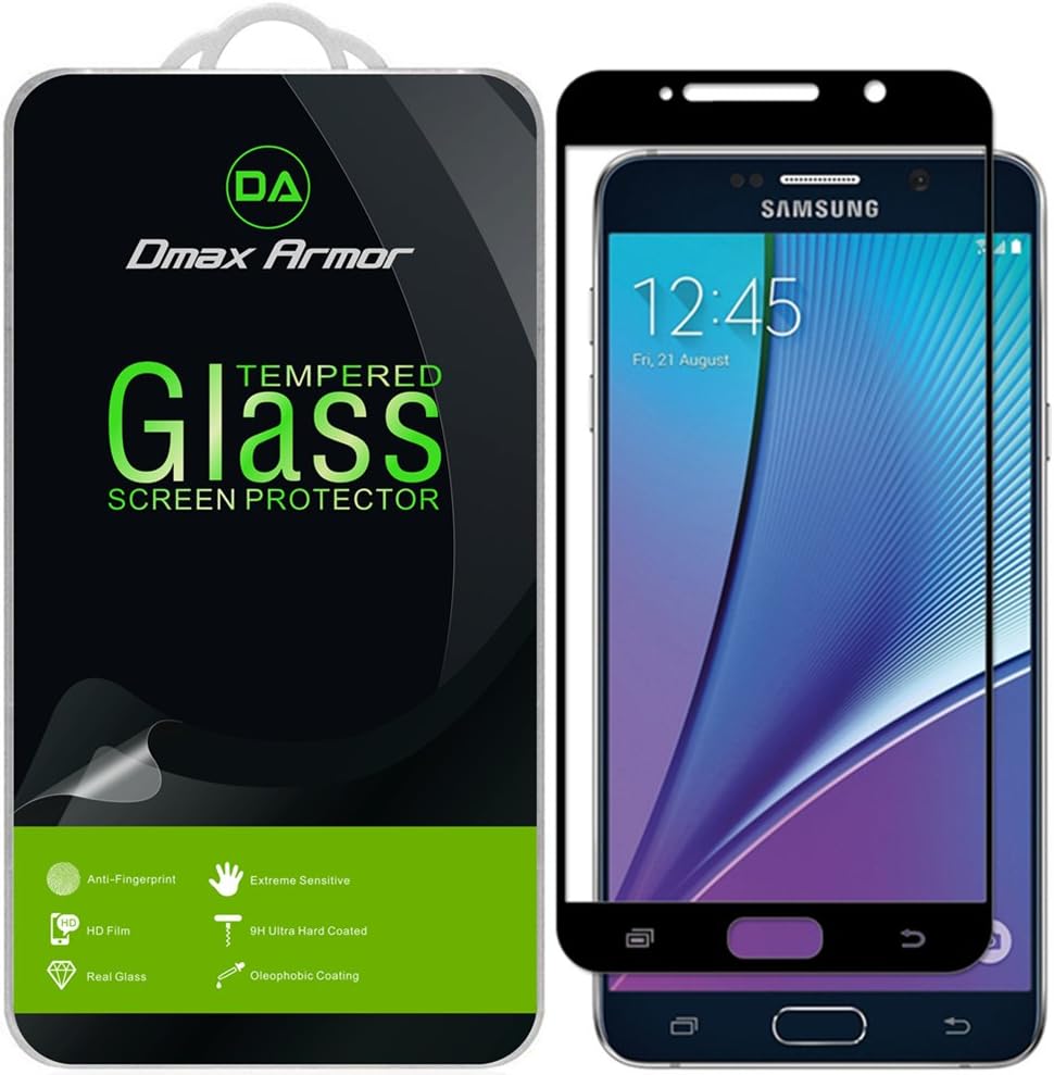 [2-Pack] Dmax Armor for Samsung Galaxy Note 5 Screen Protector, (Full Screen Coverage) [Tempered Glass] Anti-Scratch, Anti-Fingerprint, Bubble Free, (Black)
