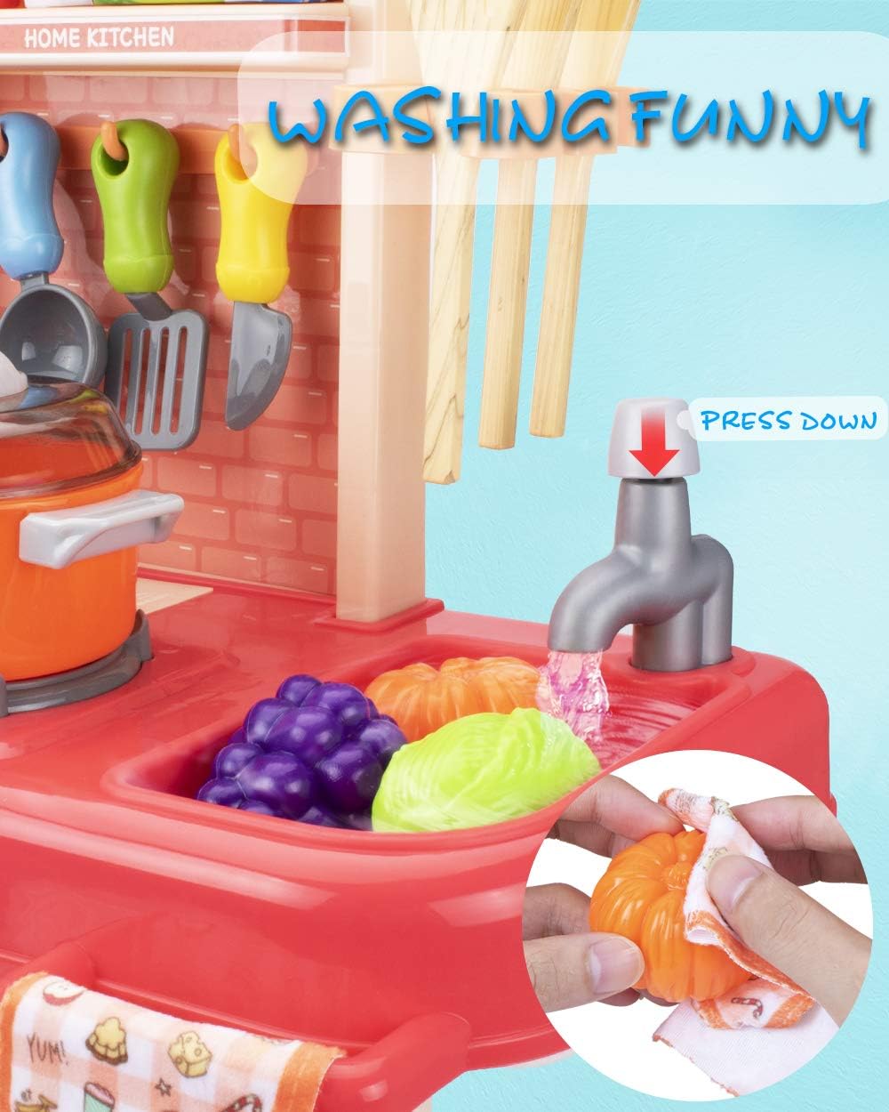 UNIH Kids Kitchen Sets for Girls Little Pretend Pink Play Kitchen Playset Toy with Realistic Lights & Sounds,Play Oven & Sink,Other Kitchen Accessories Toys for Girls and Boys: Toys & Games