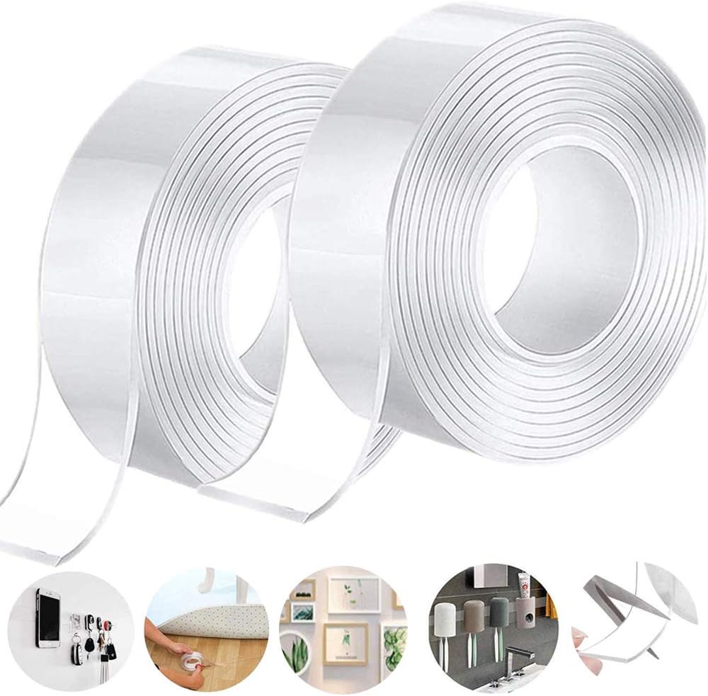 Nano Adhesive Tape Reusable Double Sided Adhesive Tape Gel Tape Glue Multipurpose No-Trace Removable Adhesive Tape Transparent Nano for Wall, Kitchen, Carpet, Photos Fixing,1M (2 pcs)