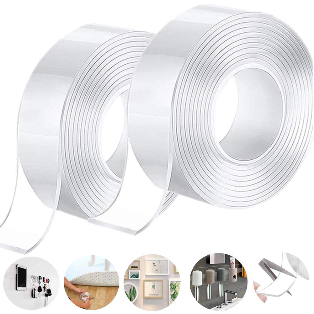 Nano Adhesive Tape Reusable Double Sided Adhesive Tape Gel Tape Glue Multipurpose No-Trace Removable Adhesive Tape Transparent Nano for Wall, Kitchen, Carpet, Photos Fixing,1M (2 pcs)
