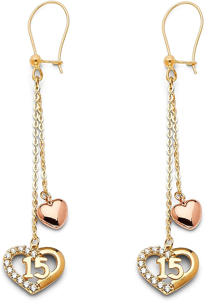 14k Two Tone Gold Fancy 15 Quinceañera Dangle Earrings (6 x