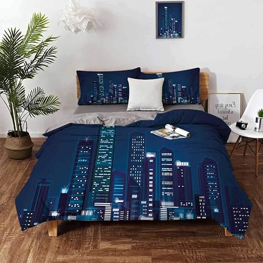 Amazon.com: Modern Bed Sheet Set, Night View of Metropolis City with