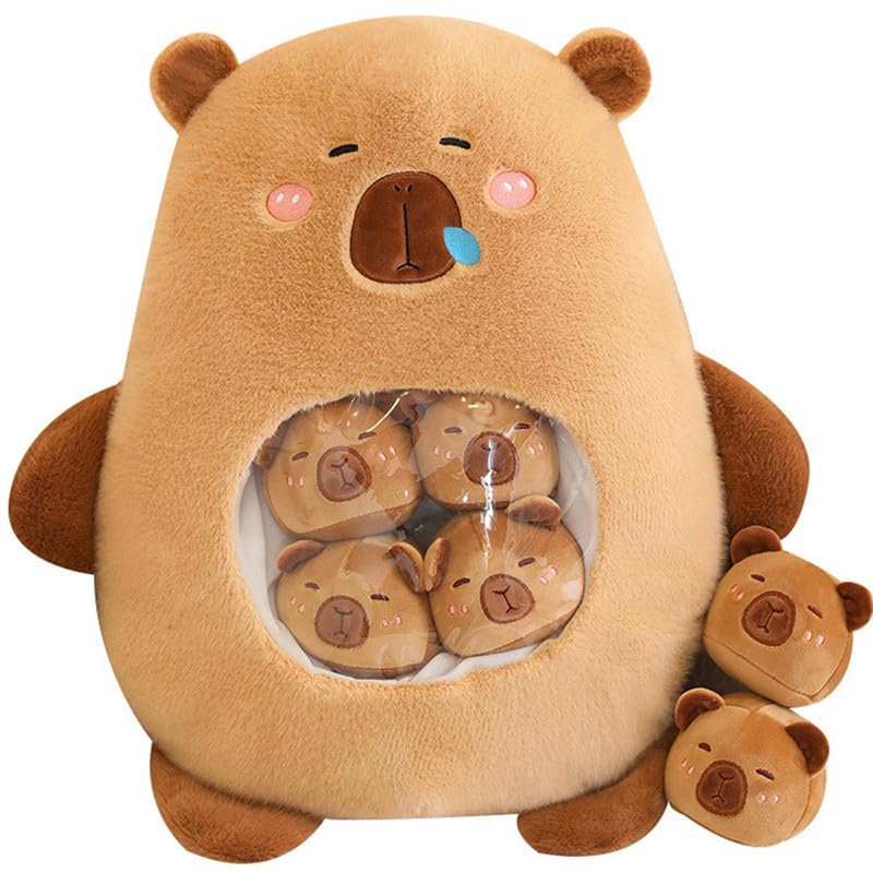 Kawaii Capybara Plush with 6 Cute Babies - Bag of Capybara Plushies Pillow Stuffed Toys for Girls & Boys Gifts, Brown