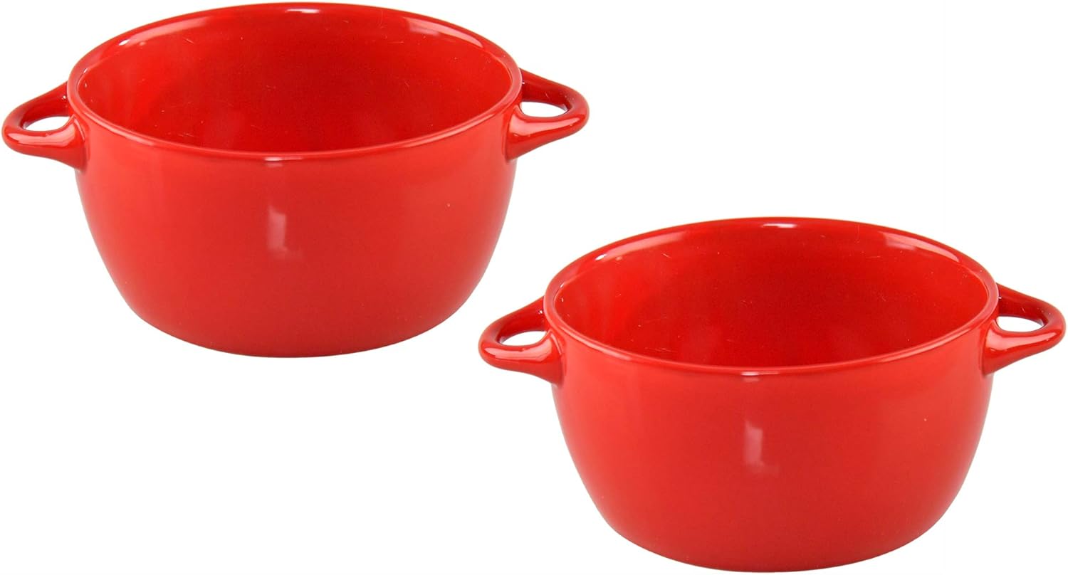 HOME-X Set of 2 Soup Bowls with Handles, Red Ceramic Bowls, Microwaveable Serving Bowls, 26 Ounce Capacity, Each: 8" L x 5 3/4" W x 3" H, Set of 2, Red