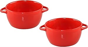 HOME-X Set of 2 Soup Bowls with Handles, Red Ceramic Bowls, Microwaveable Serving Bowls, 26 Ounce Capacity, Each: 8" L x 5 3/4" W x 3" H, Set of 2, Red