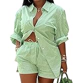 ZUAVIALA Women Summer 2 Piece Outfits Loose Fit Long Sleeve Button Shirt and Sexy Shorts Vacation Cute Sets