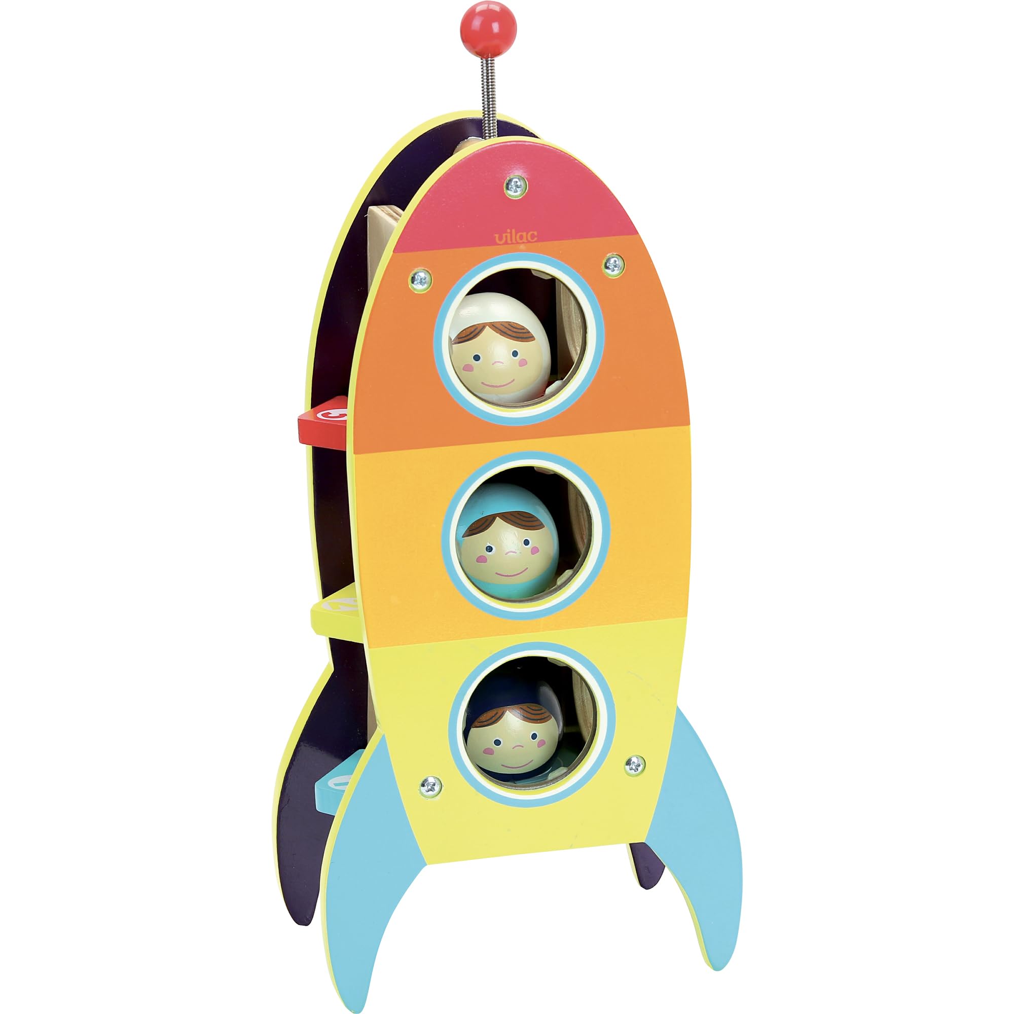 Vilac Wooden Space Whack-a-Mole Game, 3 Astronaut Balls & 1 Hammer, Ages 18+ Months, Multicolored