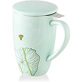 Sweejar Porcelain Tea Infuser Mug with Lid, 16 oz Teacup with Strainers for Loose Leaf Tea, Microwave and Dishwasher Safe Coffee Mug(Cerulean Lotus)