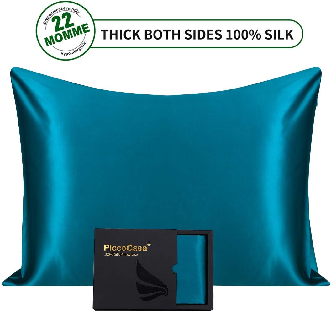 PiccoCasa 100% Pure Silk Pillowcase 22 Momme 550tc Natural Silk Pillow Cases Soft Breathable Both Sides Silk for Hair and Skin with Hidden Zipper, King 20x36 Inch, Peacock Blue