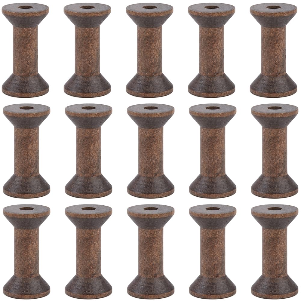 SUNNYCLUE 15Pcs Wire Weaving Bobbin Wood Spool Bulk Antique Large Diameter Empty Thread Rope Roll Crochet Cords Organizer Lace Line Coconut Brown Ribbon Spools for Embroidery Yarn Making DIY Crafts