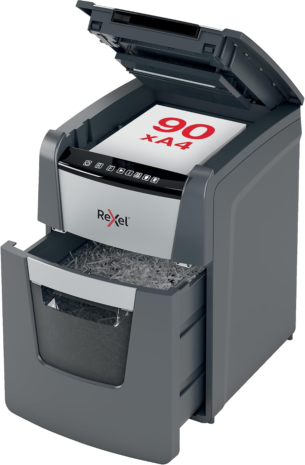 Rexel Optimum Auto Feed 90 Sheet Cross Cut Shredder P-4 34L Bin Black
